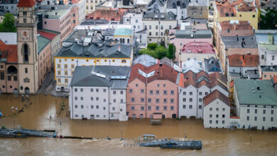 PASSAU - June 5th, 2024: Aerial view of the June 2024 flood in Passau, Bavaria, Germany